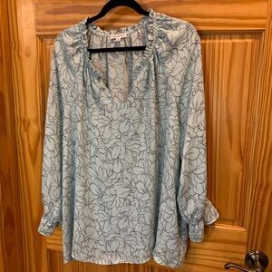 Chic Floral Ruffle Blouse - Soft Blue/green color